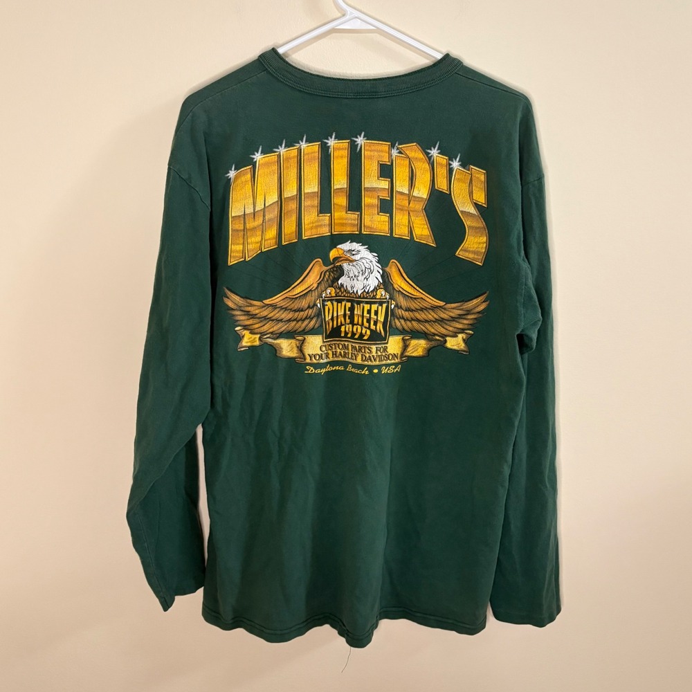 Vintage Henley Long Sleeve Mens L Green Bike Week 1999 Miller's Custom Parts Tee